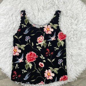 DIVIDED black floral, bird scalloped hem sleeveless top. Size small.